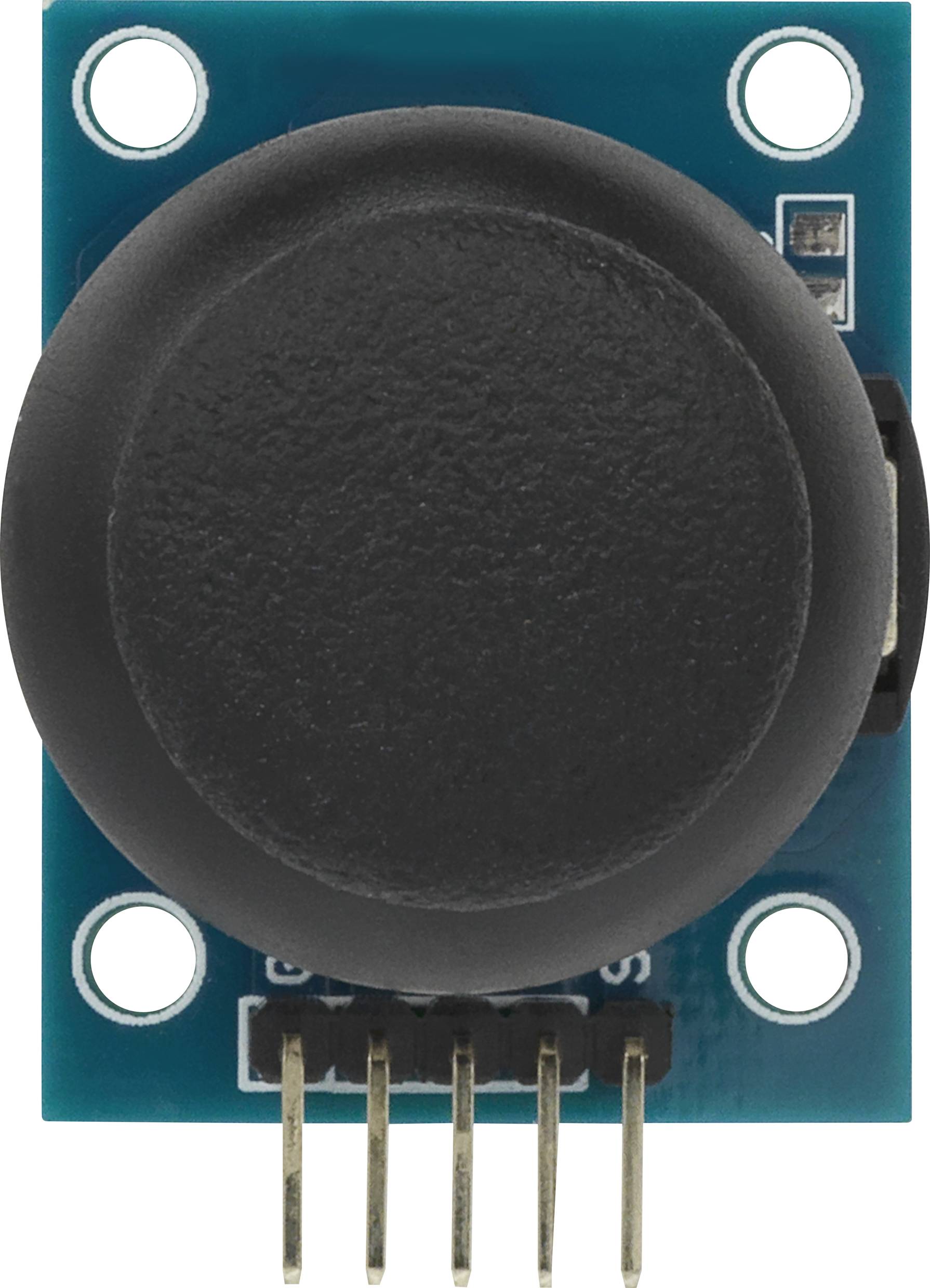 Round black joystick on a blue circuit board, with four visible connection pins at the bottom.