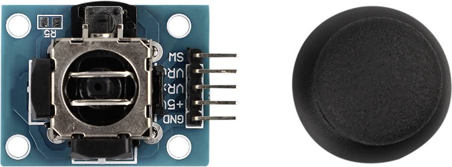 A module with a black analogue joystick, including plug contacts and mounting screws, on a blue circuit board.