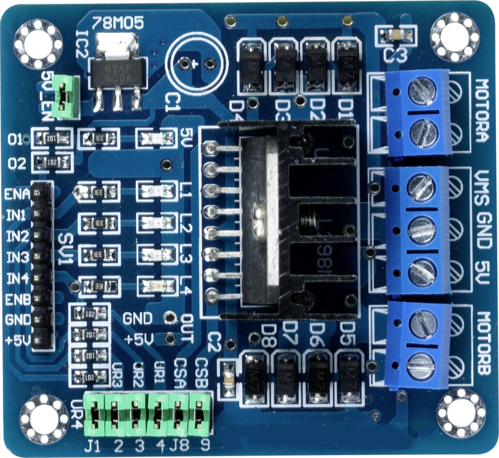 Top-down view of an electrical circuit module with a blue printed circuit board. Various electronic components and connectors are visible.
