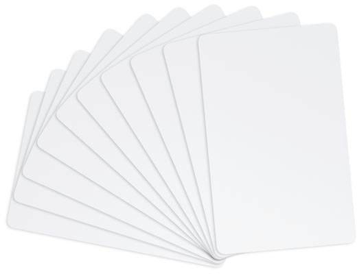 Eight equally sized, overlapping white cards arranged fan-like on a white background.