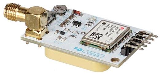 Electronic circuit board with various components, including an antenna connection and a GPS module, on a white background.