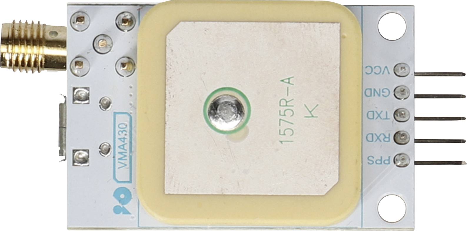 A GPS module with a square ceramic antenna in the centre. A small, round connector is located in the top left, with several pins on the right.