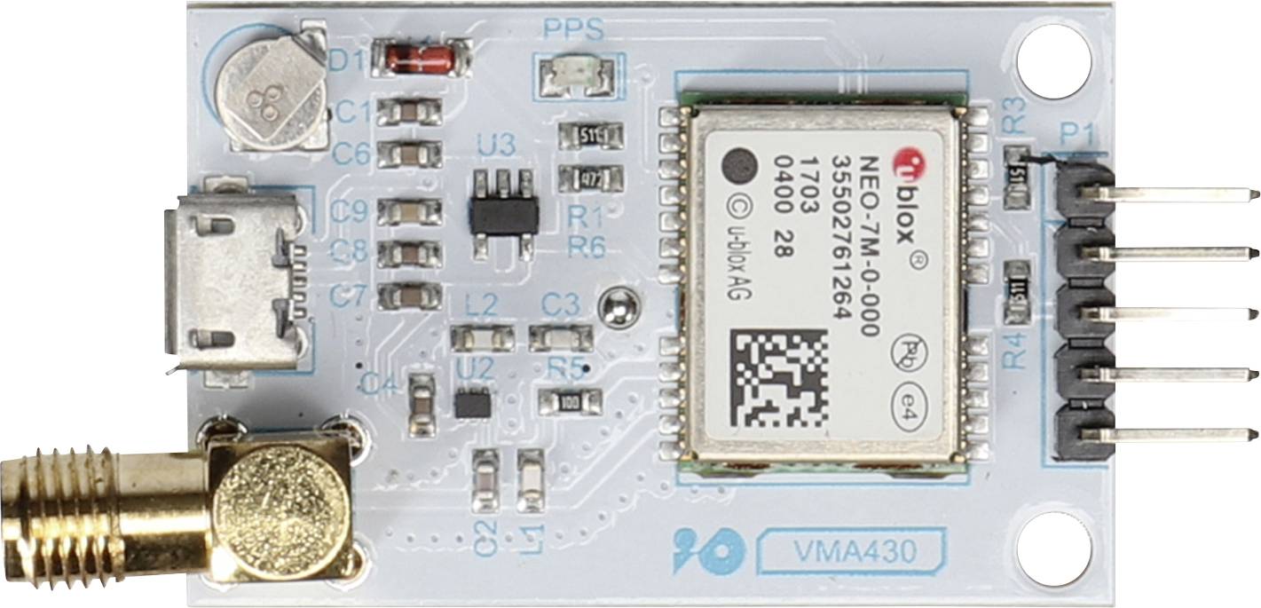 Electronic circuit with antenna connection and USB port, containing a GPS module in the centre, surrounded by electronic components.