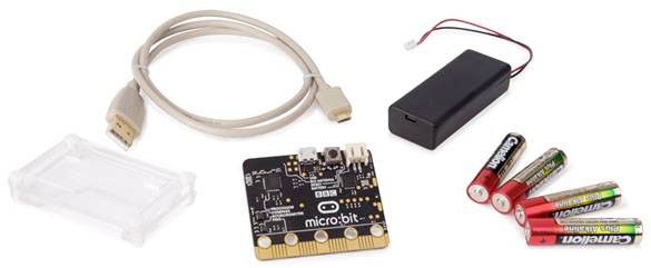 A micro:bit Starter Kit with circuit board, USB cable, battery holder, batteries, and case shell for learning programming.