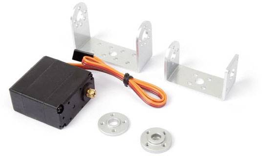 A black electric servo motor with an orange cable and several metal fixings used for mounting.