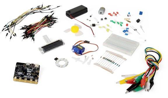 Electronics kit with breadboard, microcontroller, cables, resistors, and LEDs for creating circuits and projects.
