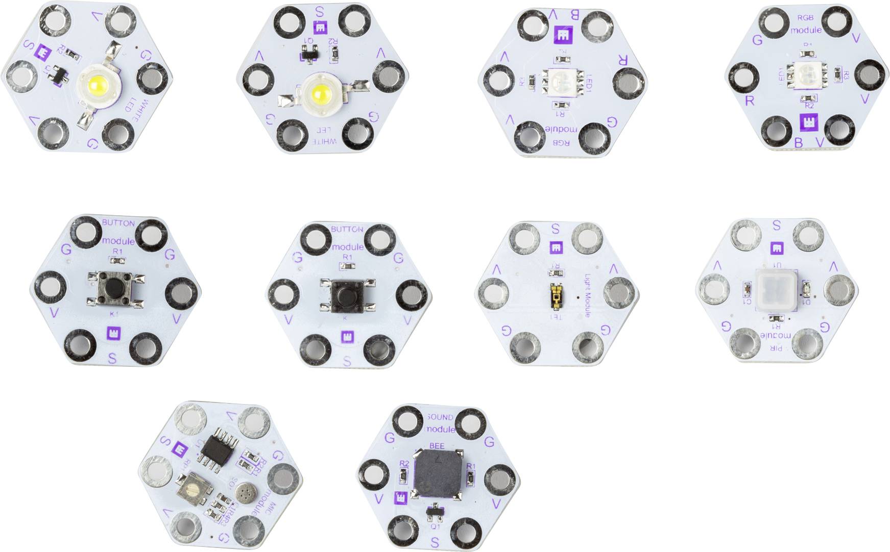 Ten hexagonal electronic circuit boards, each with various components such as LEDs and switches, on a white background.