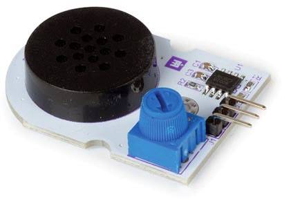 Electronic module with a circular speaker and blue rotary control on a white circuit board. Pins are visible on the sides.