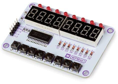 An electronic circuit board with two seven-segment displays, several push buttons and a chip, used for digital display and control.
