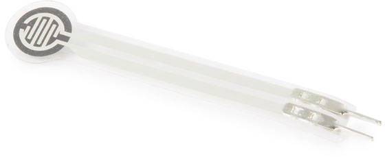 Flexible membrane potentiometer with two terminals, used for measuring touch or pressure in electronic projects.