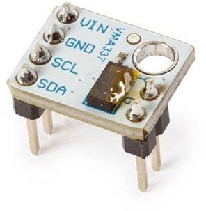 A small electronics module with labels: 'VIN', 'GND', 'SCL' and 'SDA' on the top side, with multiple pins for connections.