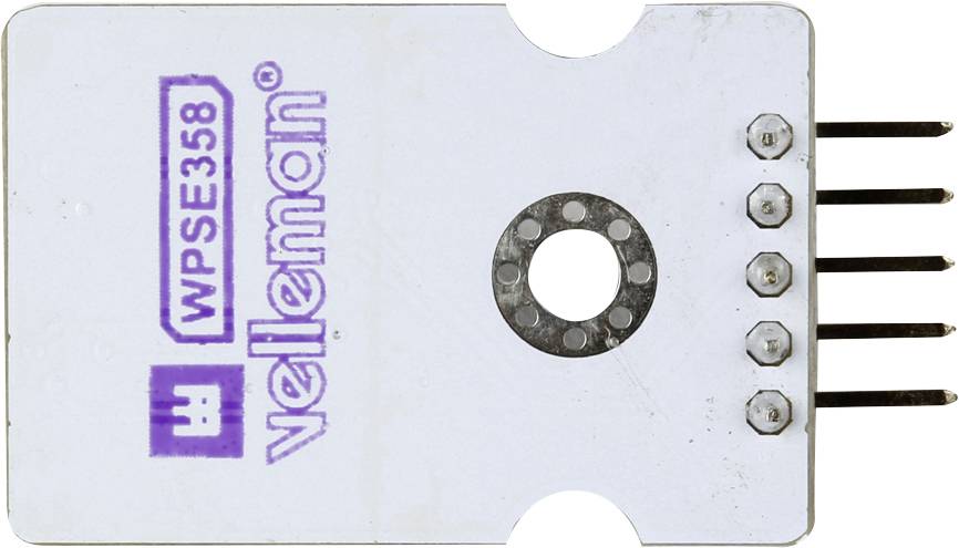 Electronic component labelled 'WPSE358 Velleman', with five metal pins and a central opening.