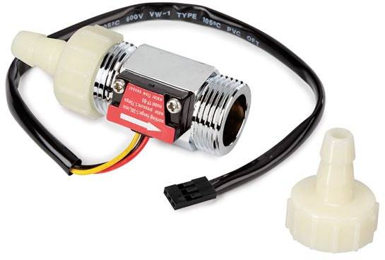 A water flow sensor with a plastic housing and connection cable. Beside the sensor lies another plastic component.