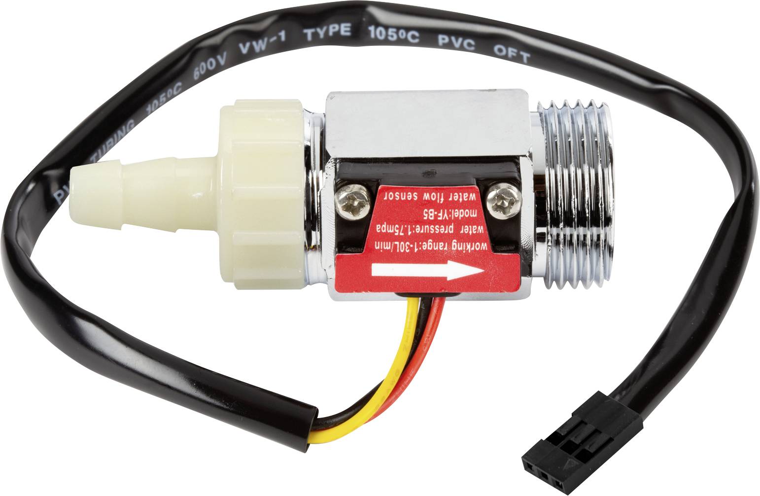 Flow sensor with plastic thread, cable and connector, for measuring liquid flow in pipe systems.
