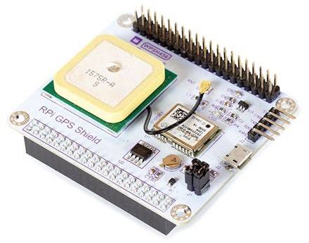 A 'RPi/GPS Shield' with GPS antenna, connectors and USB port. Developed for use with Raspberry Pi for GPS applications.
