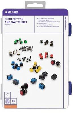 Set of press studs and switches in various colours and shapes on a white background. Packaging for electronic projects.