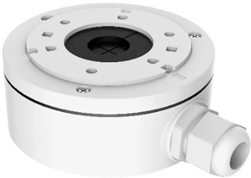 A white, round junction box with mounting holes and cable entry points, suitable for installing cameras or similar devices.
