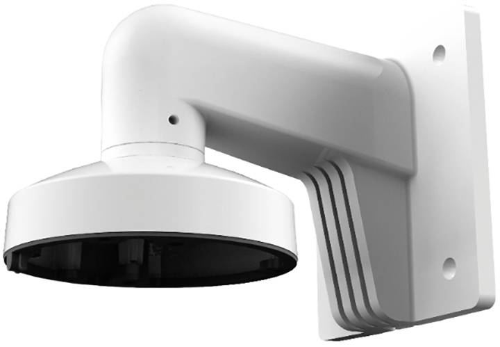 White plastic camera mounting bracket for wall mounting, with a round base and side arm.