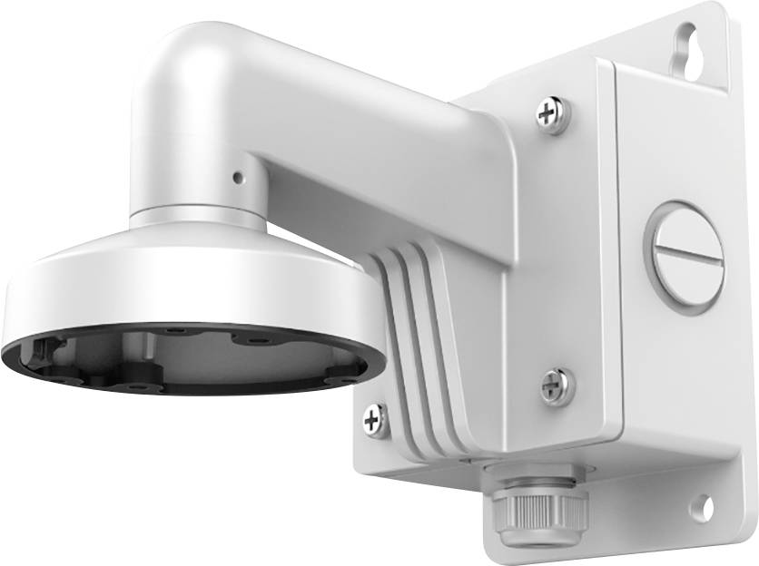 White, wall-mounted CCTV camera bracket with cable connection and fixing screws, suitable for surveillance cameras.