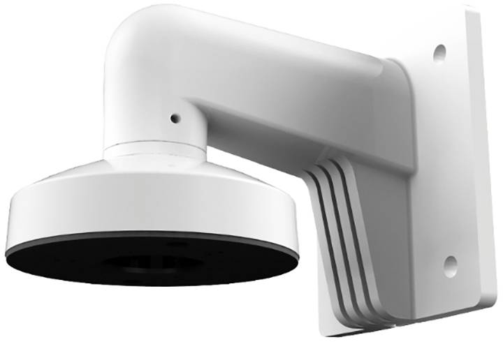 White, semi-circular wall mount for camera, with curved arm and mounting holes for easy installation.