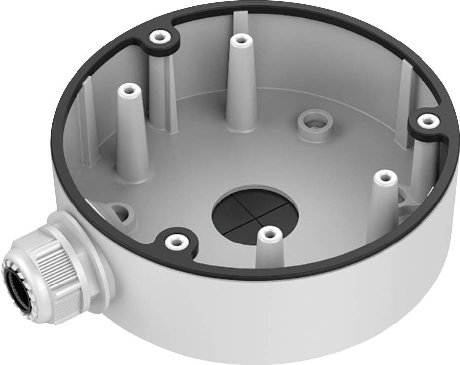 Round grey junction box with side cable gland and six mounting pillars inside, suitable for electrical installations.