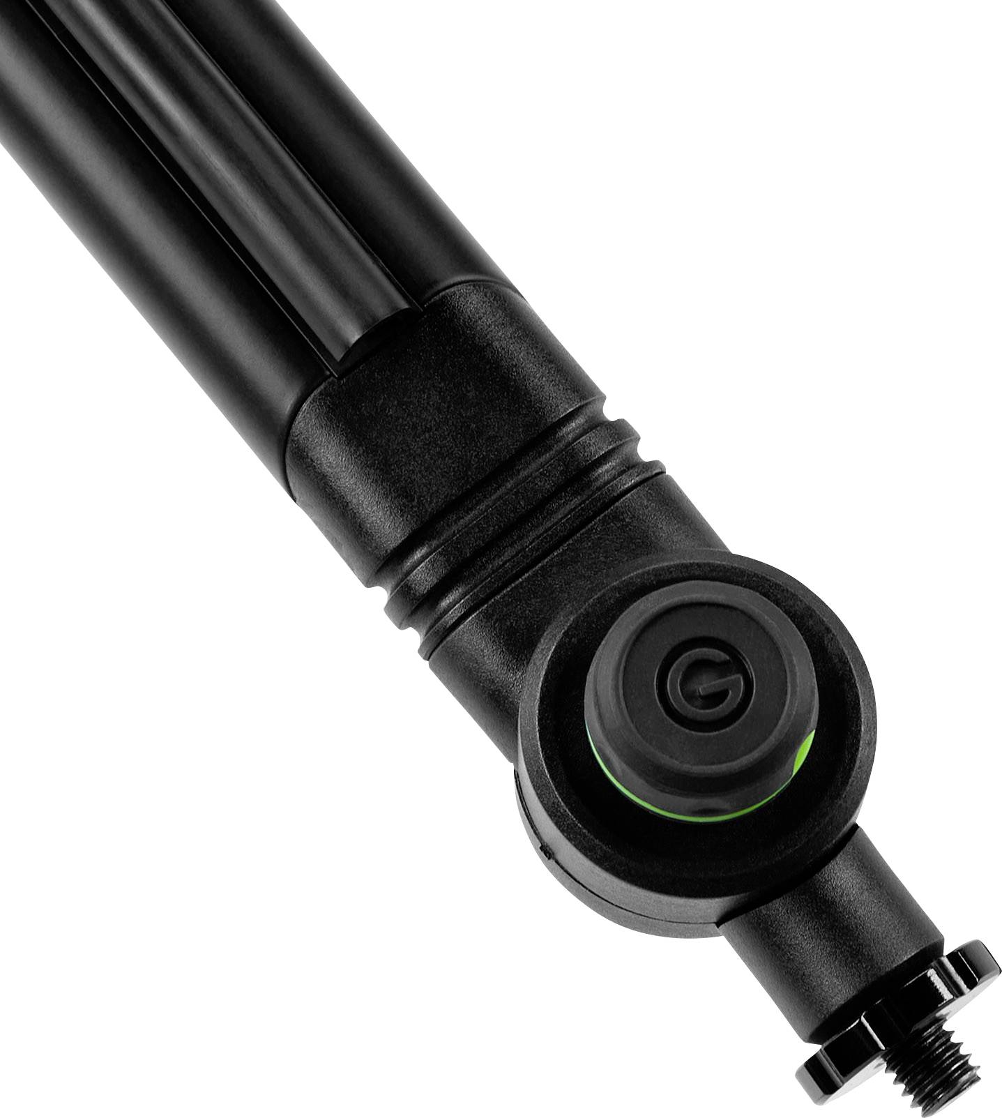 View of a black hinge with a round button with a green border, likely part of an adjustable mounting bracket.