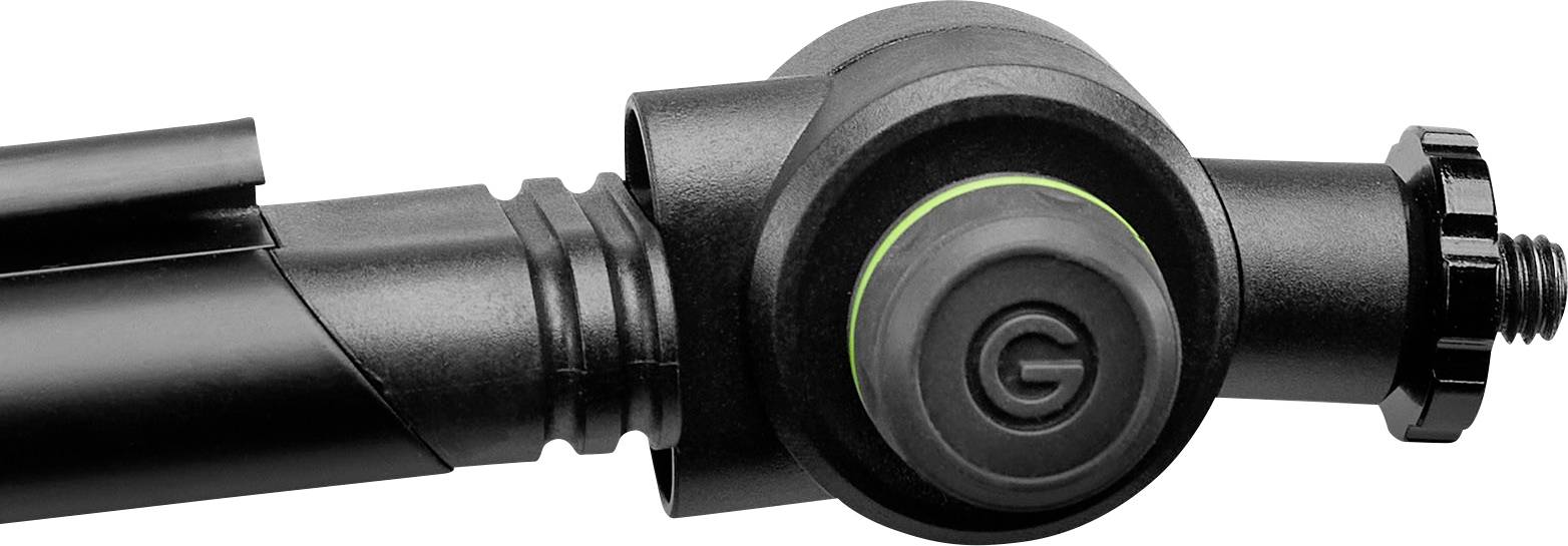 Black joint piece of a tripod with green marking, screw lock on the right. Ideal for camera accessories.