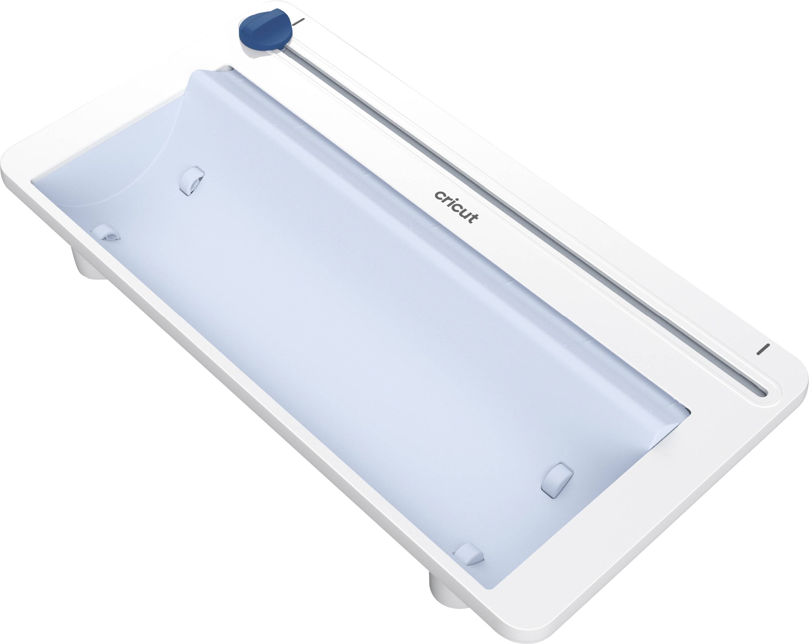 A white and blue tool with a vertical blade, likely used for cutting materials. The 'Cricut' brand is visible.