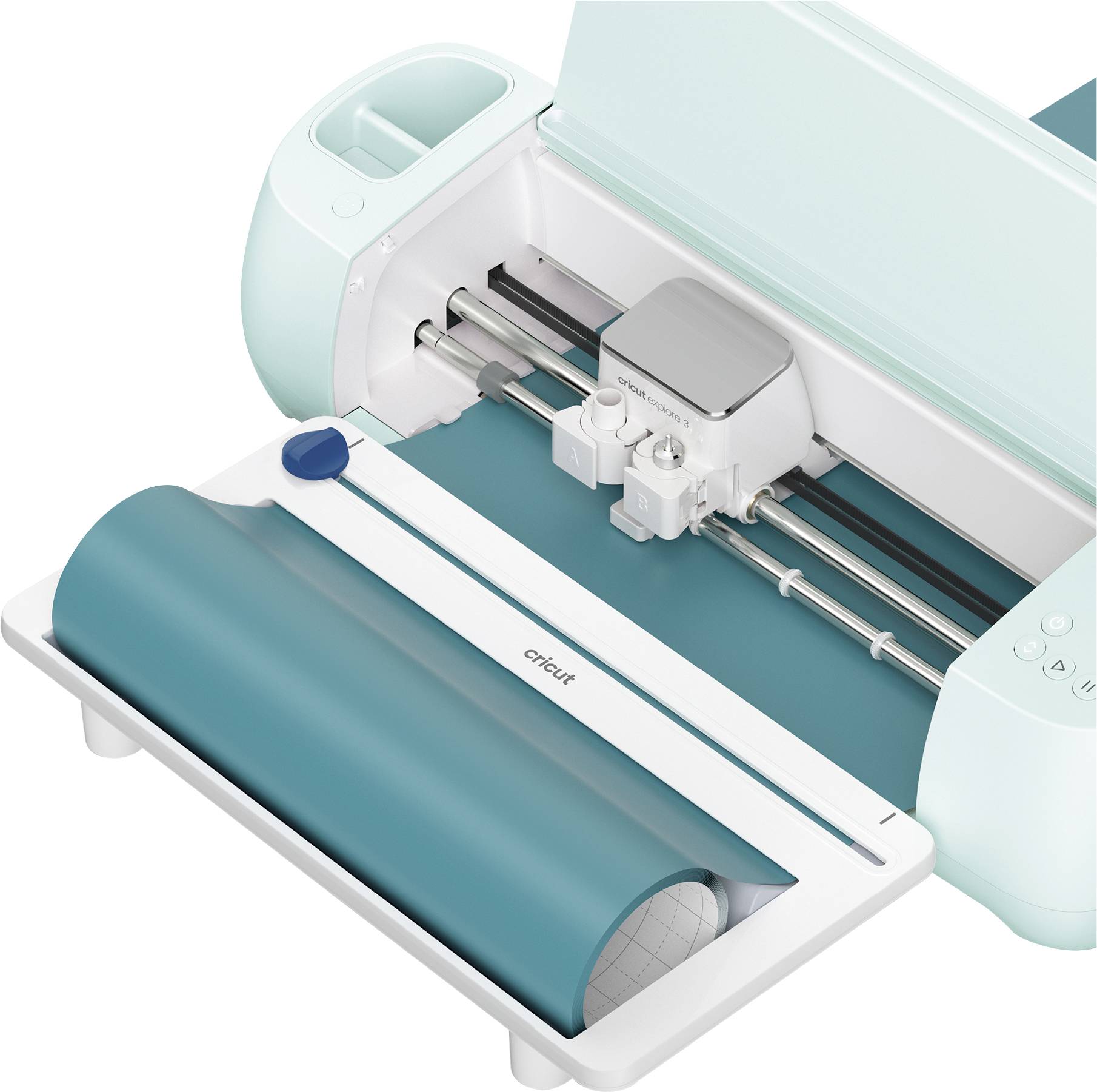 A cutting machine in a light turquoise colour with a roll of craft paper. It shows the cutting mechanism used for craft projects.