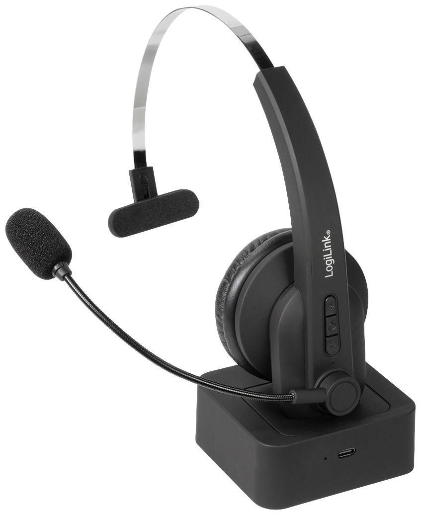 The image depicts a black wireless headset with a microphone and charging dock. It features cushioning and is suitable for audio communication.