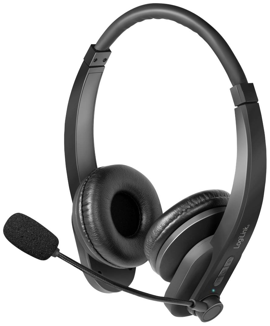 Black headset with microphone, closed design and soft ear cushions, suitable for communication and multimedia applications.