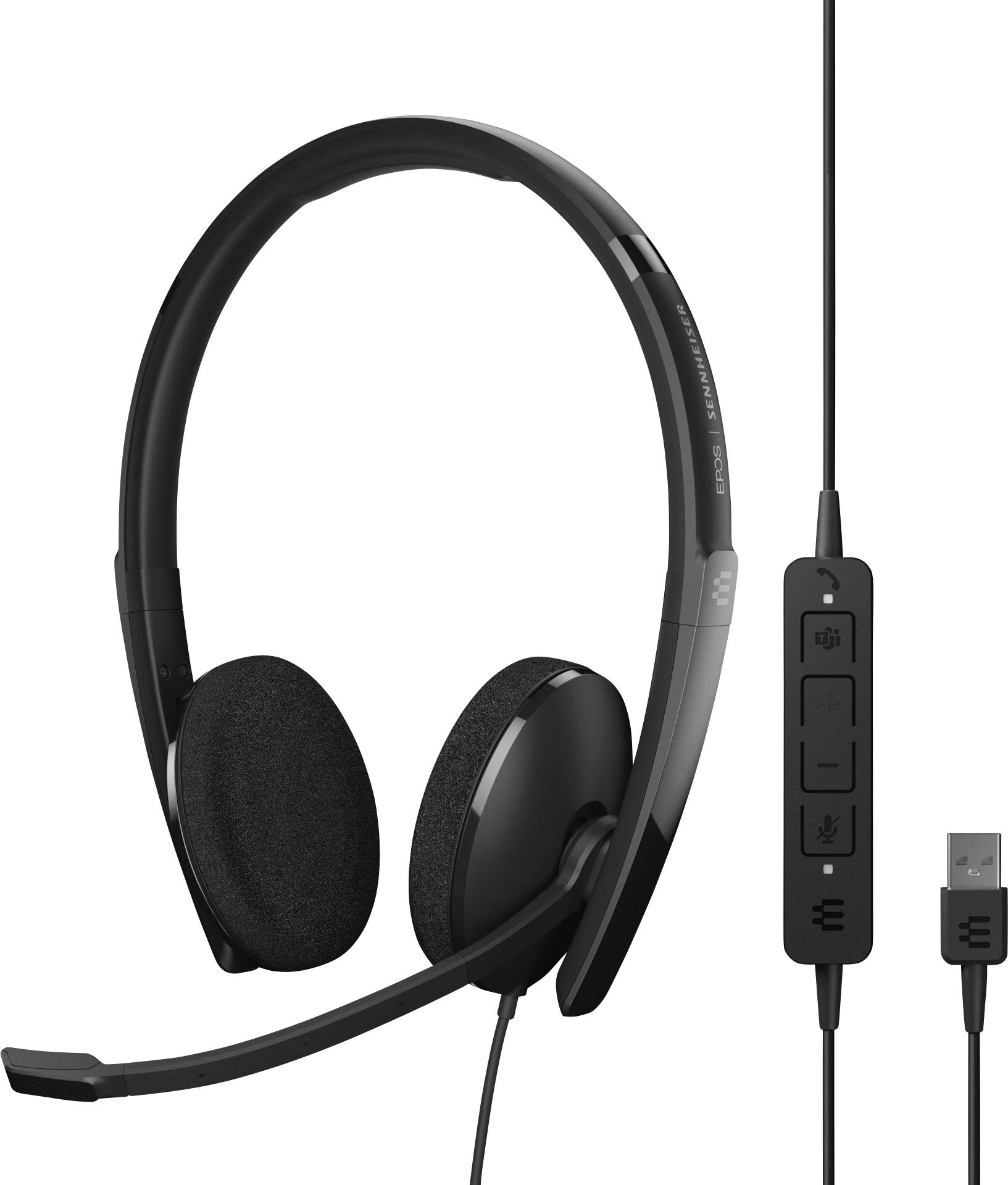 Black USB headset with microphone and inline controls, suitable for online meetings and calls.