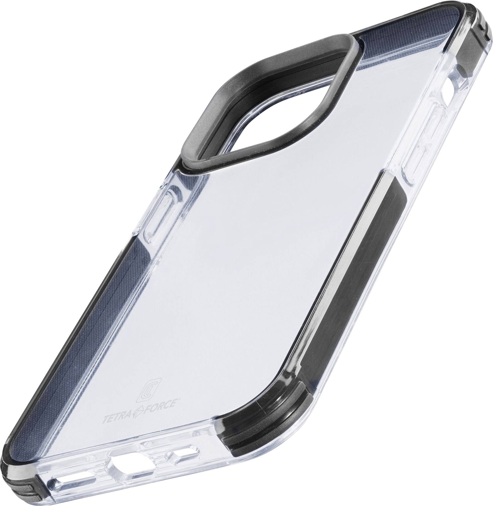Transparent mobile phone case with black accents, designed to protect a smartphone.