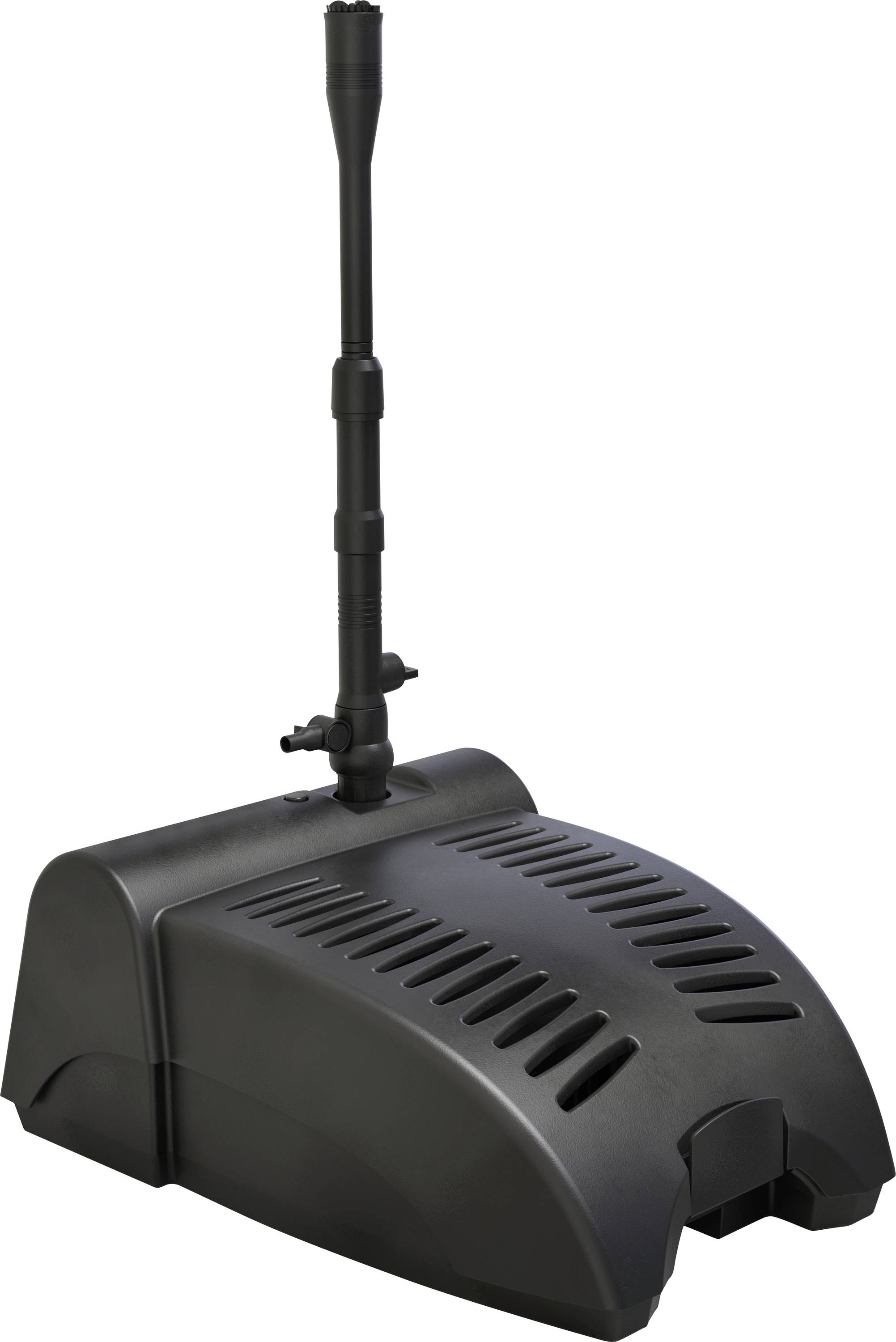A black aquarium filter with a vertical adjustable outlet, designed for water filtration and aeration, suitable for various tank sizes.