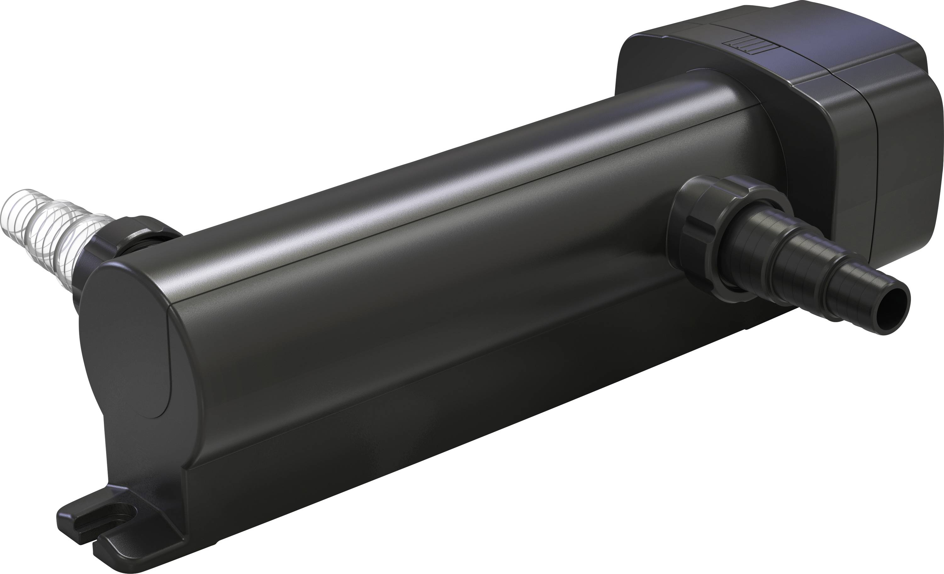 A black cylindrical aquarium water filter with multiple hose connections designed for water filtration and circulation.