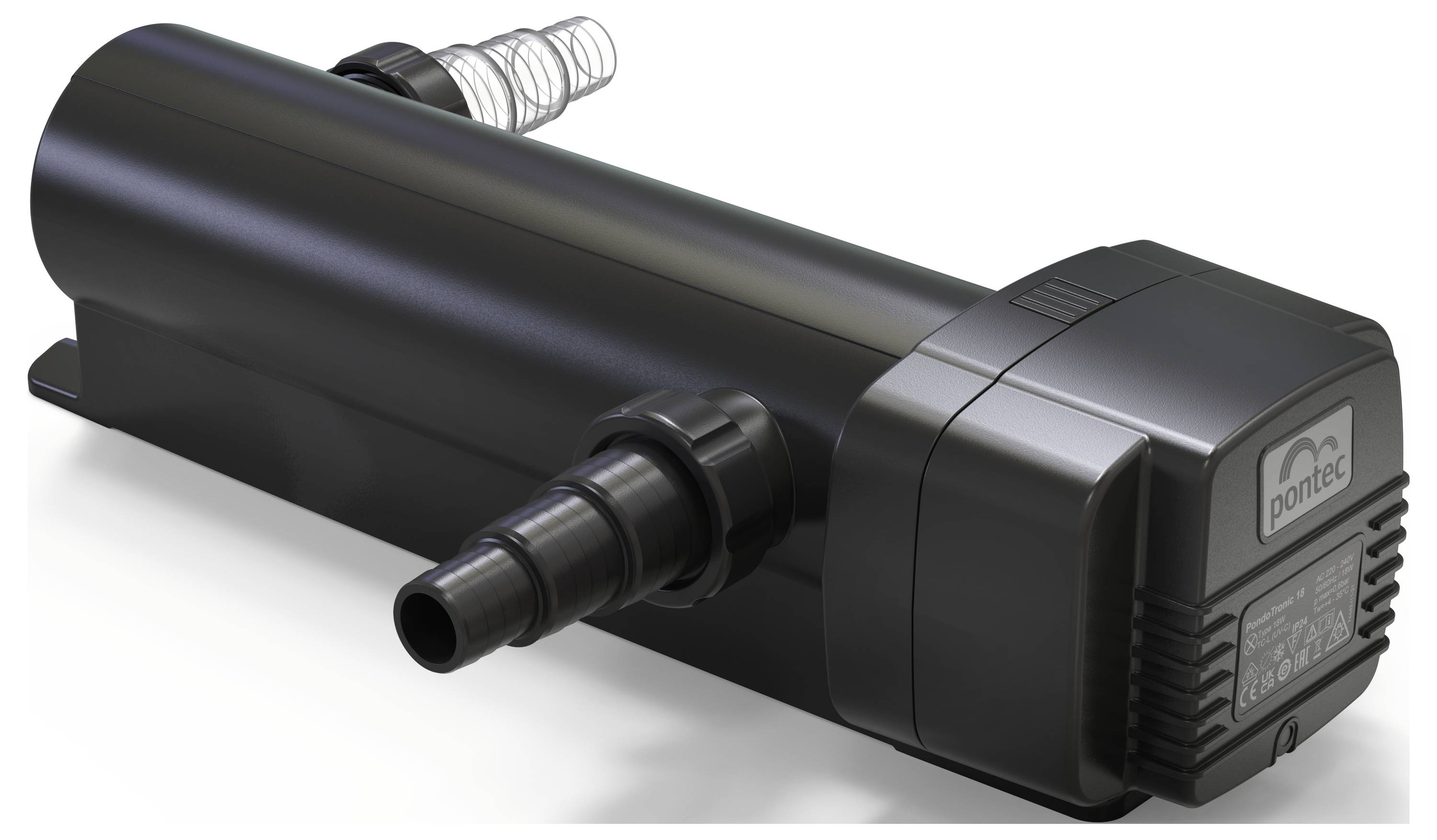 Black cylindrical water pump with a grooved hose attachment, labeled 'pontec'. Suitable for water filtration or circulation.