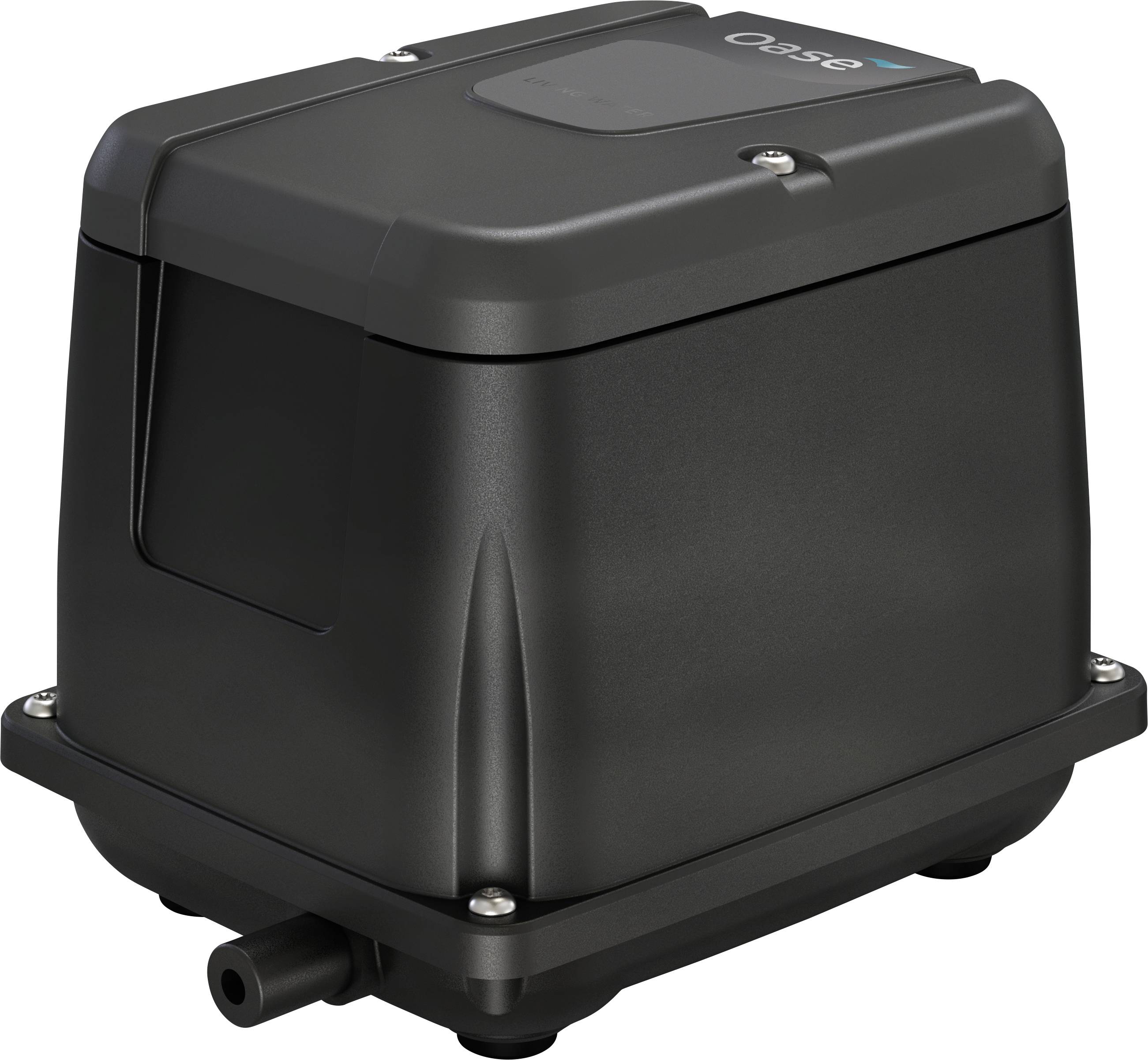 A black, rectangular device with a smooth surface and corner screws. It features a logo on top and a protruding element on its side.