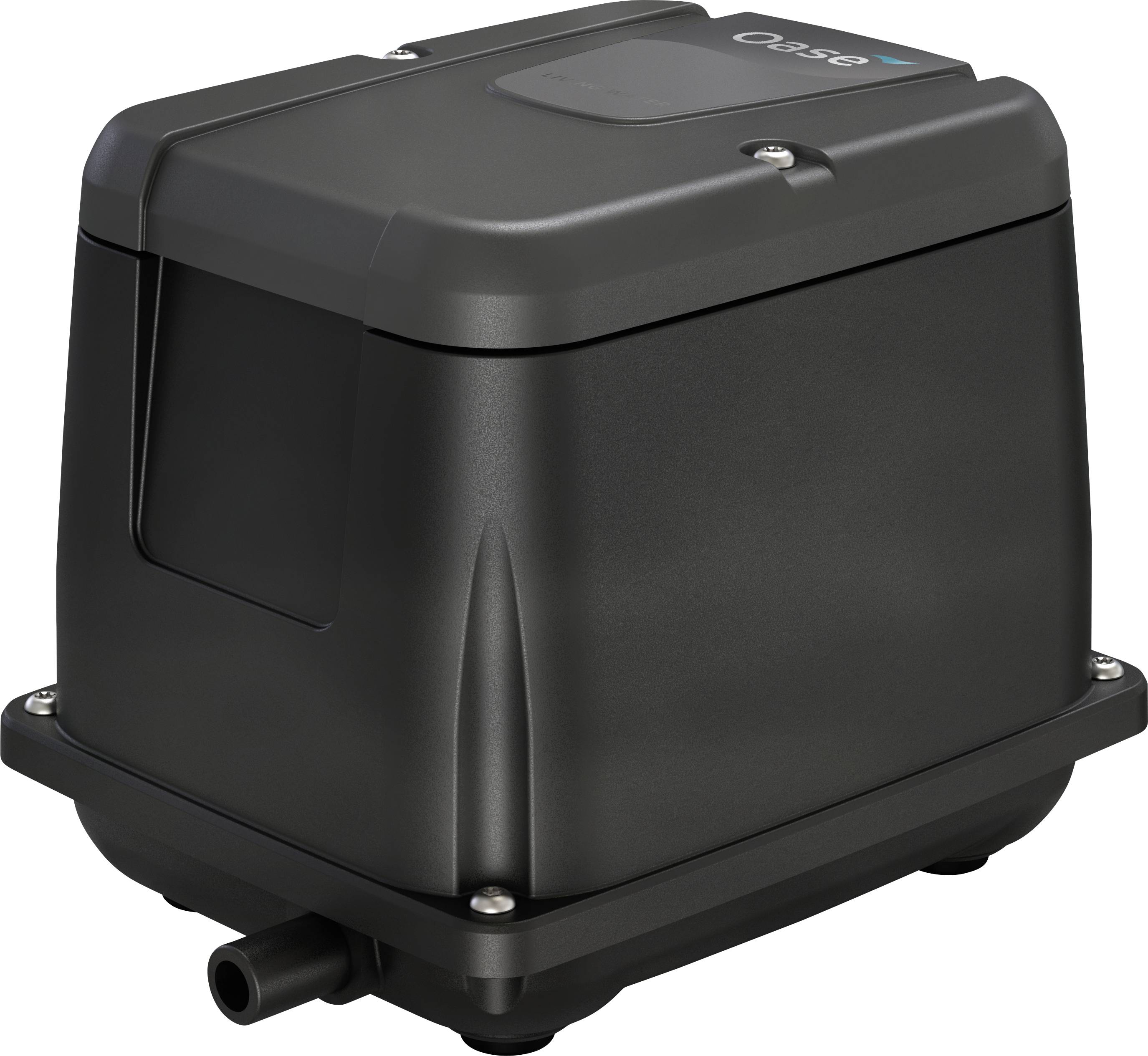 A black air pump with a sleek, rectangular design, featuring a brand label on top. It has a sturdy build and a nozzle at the bottom.