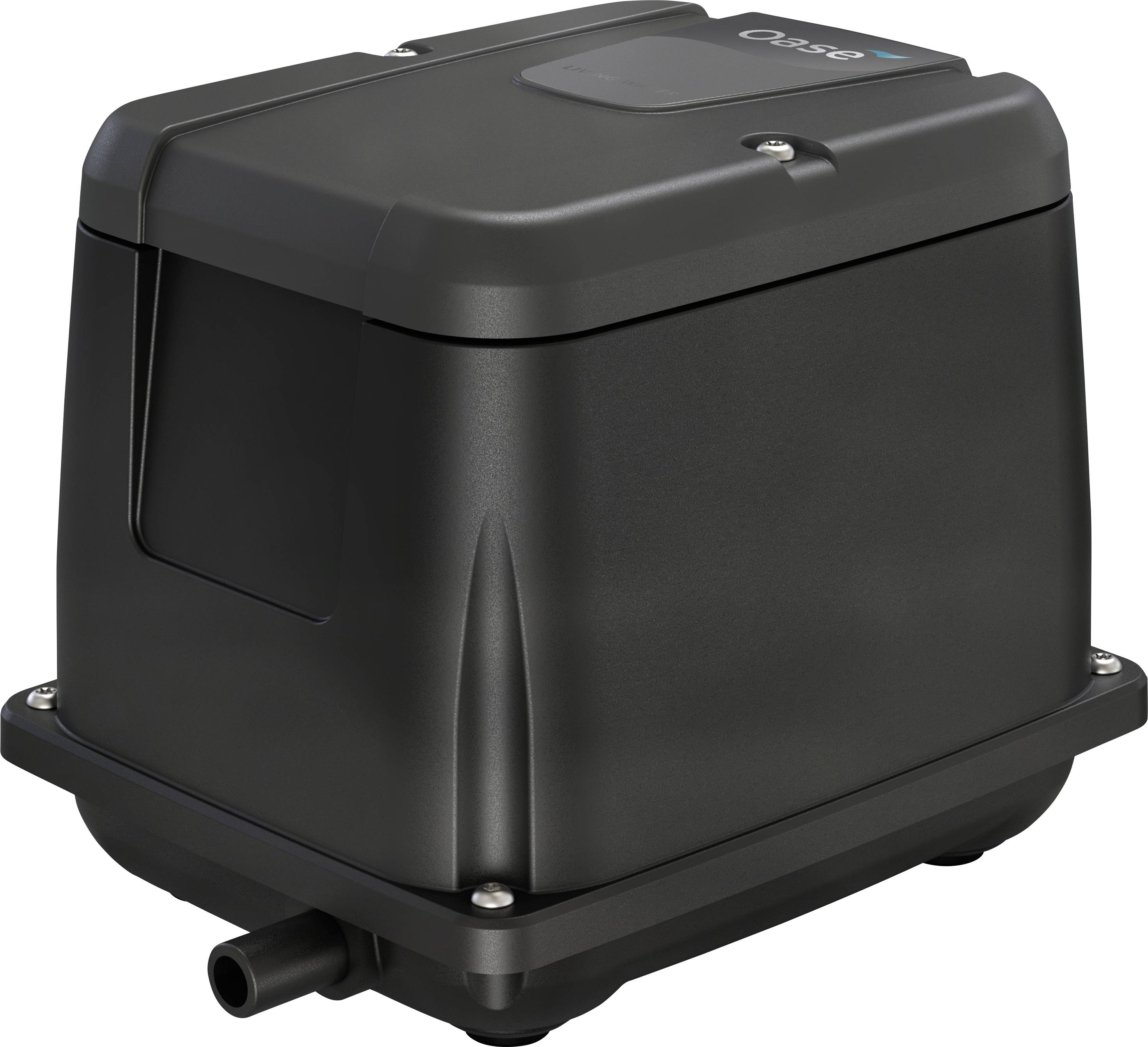 A black, compact air pump designed for pond aeration, featuring a sleek, durable exterior with minimalistic design elements.
