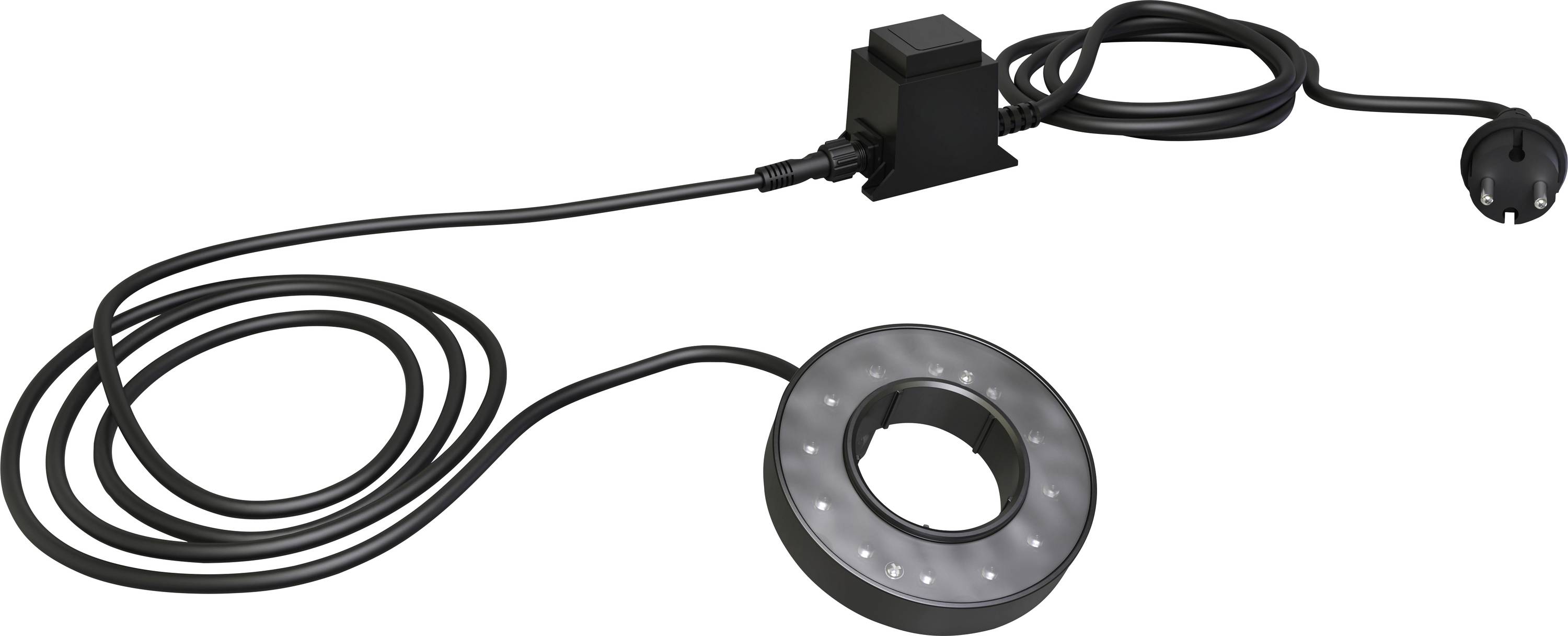 Circular LED light with attached power cord and plug, designed for mounting on cameras or microscopes, providing enhanced illumination.