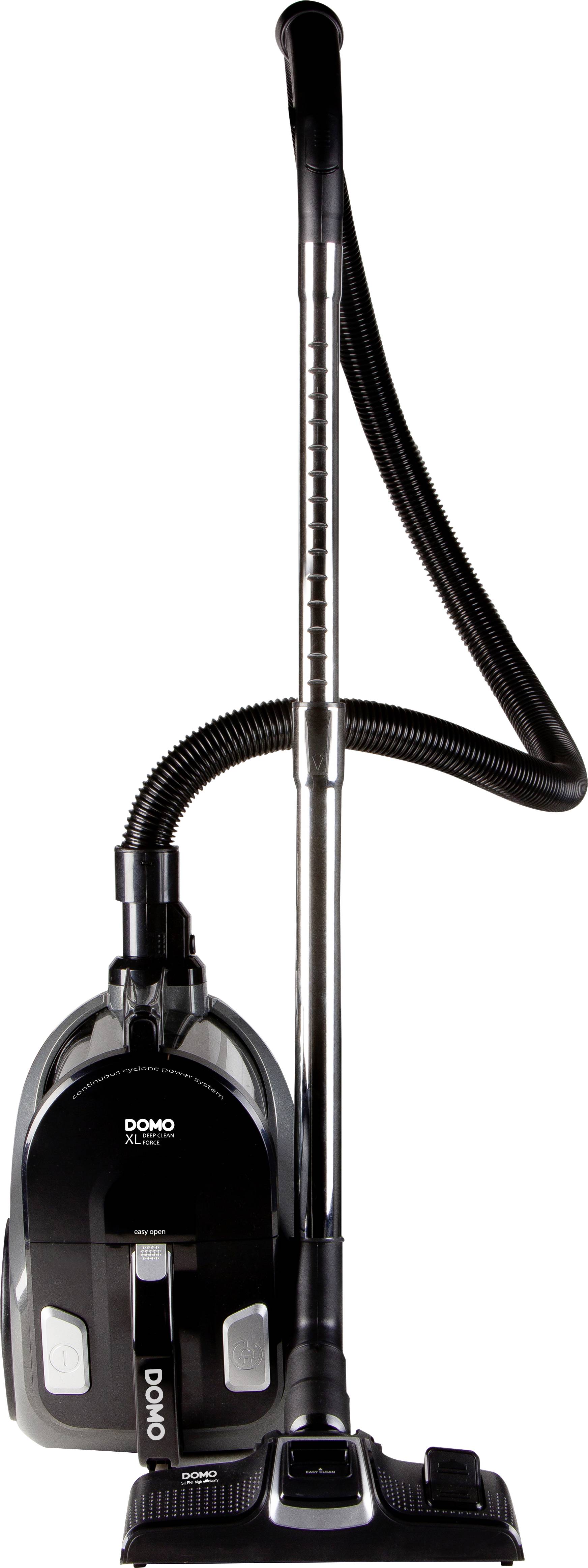 Black vacuum cleaner with long suction tube and floor nozzle, depicted standing upright.
