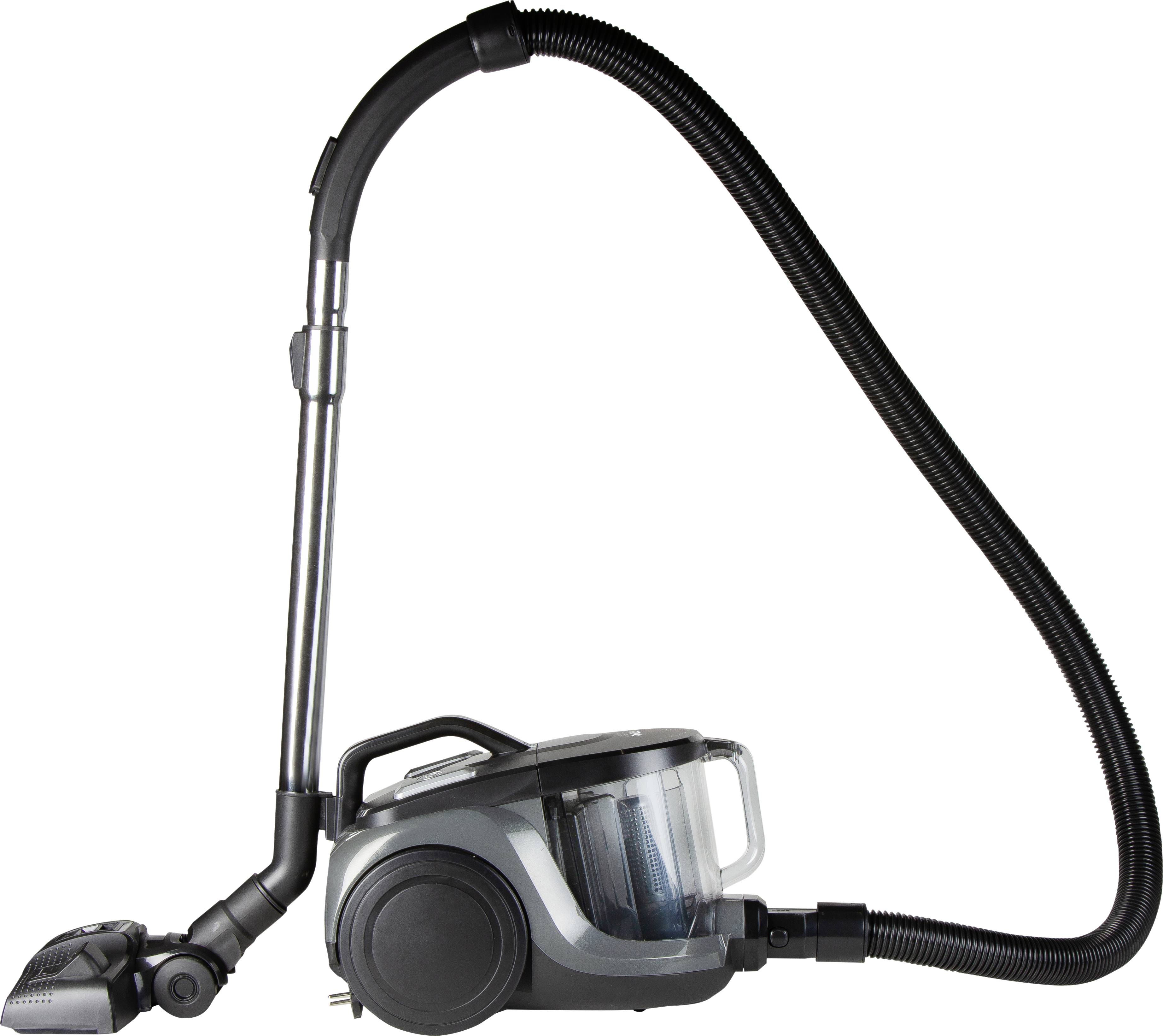 A bagless vacuum cleaner with a long hose and multiple attachments. Ideal for efficient floor cleaning.