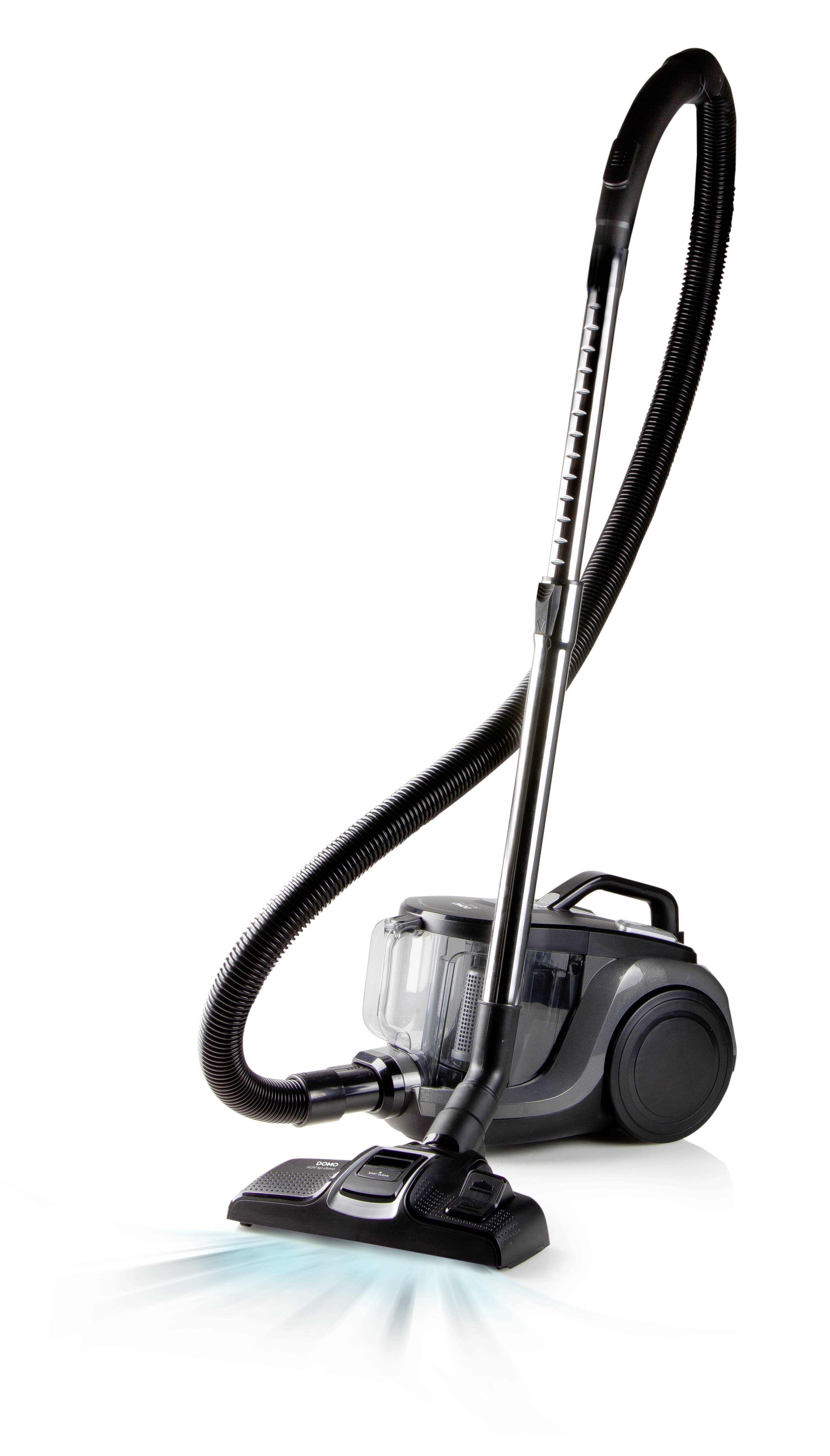 Vacuum cleaner with a black casing and transparent dust container, illuminating blue on the floor. Hybrid design with hose and pole.