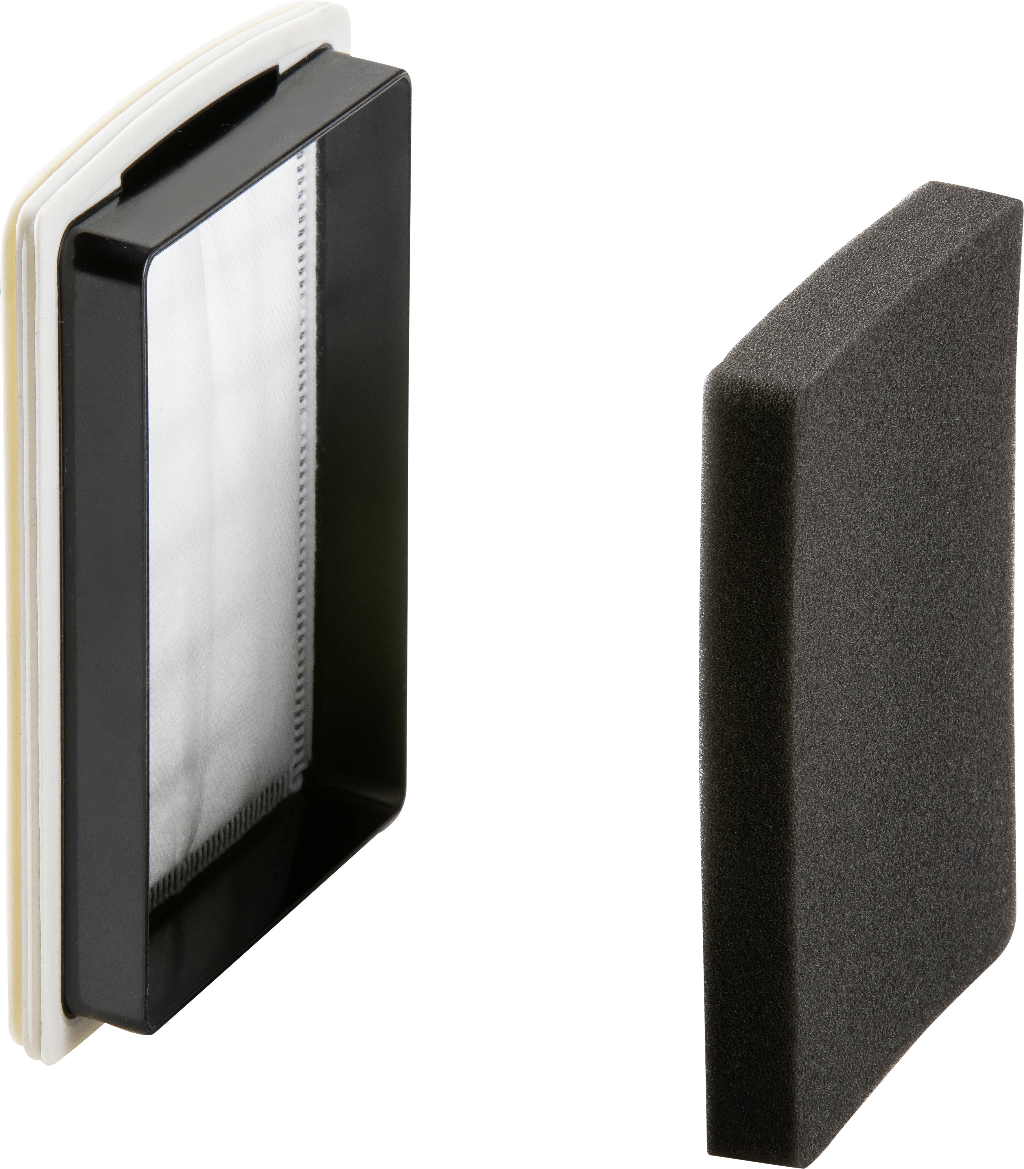 Air filter set consisting of a rectangular paper filter and a black foam filter, positioned side by side.
