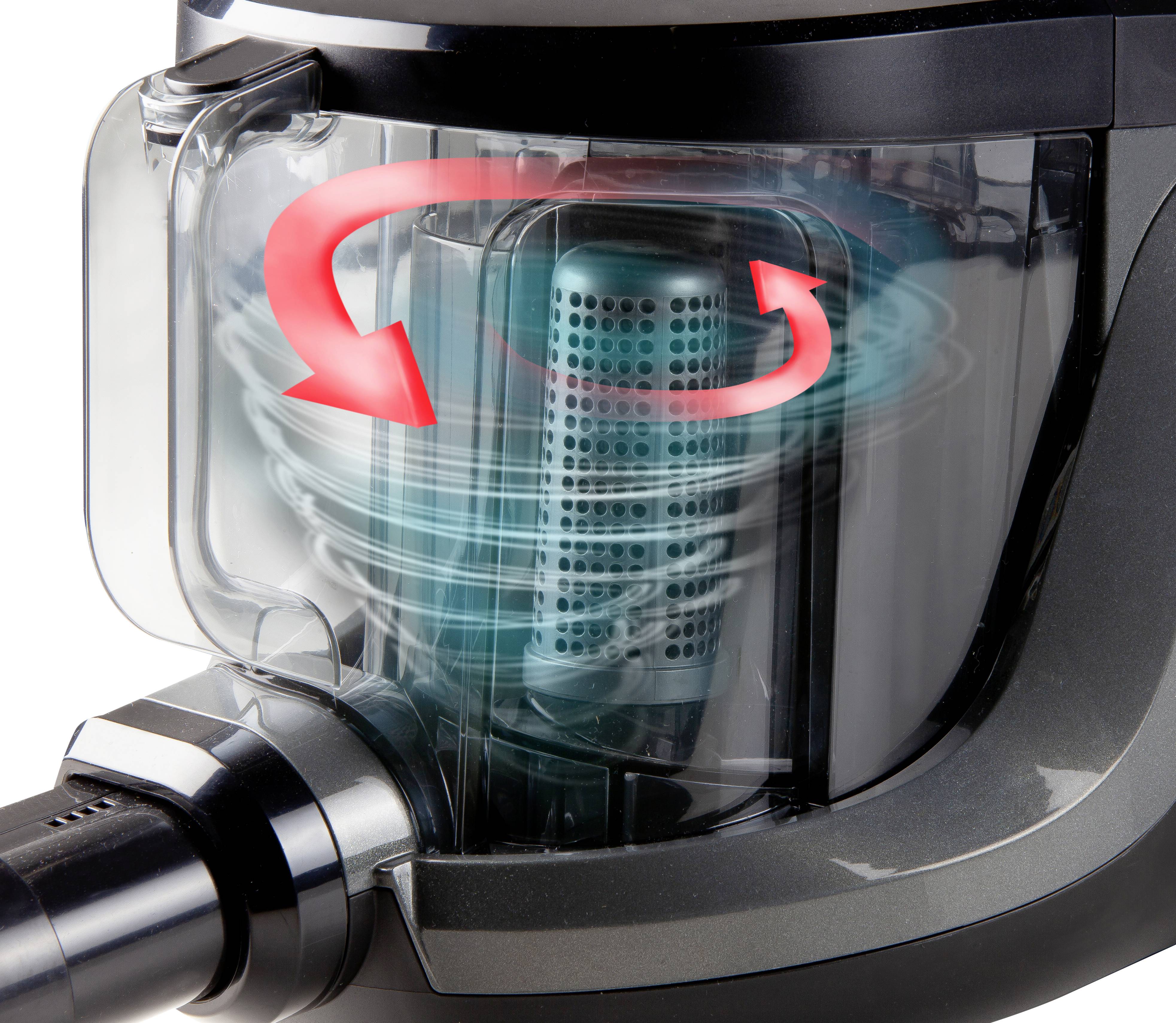 Close-up of a vacuum cleaner with a transparent container showing a rotating cyclone filter. A red arrow indicates the direction of airflow.