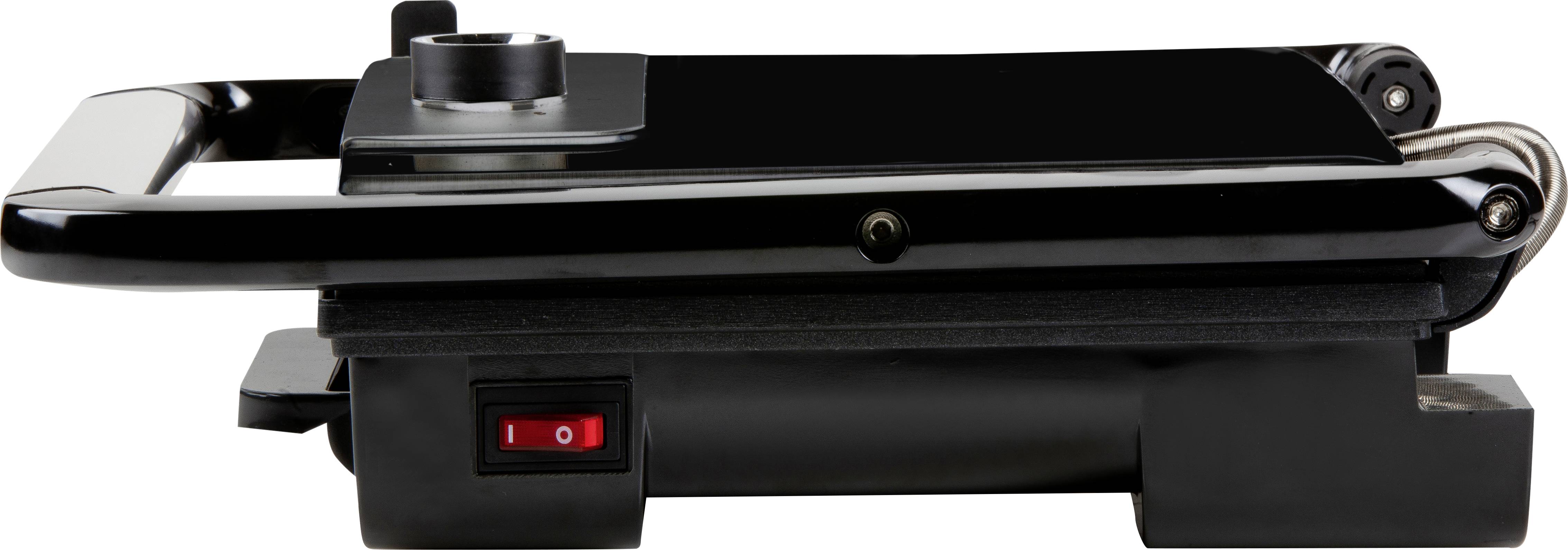 Black table grill in side view with red on/off switch, suitable for indoor use.
