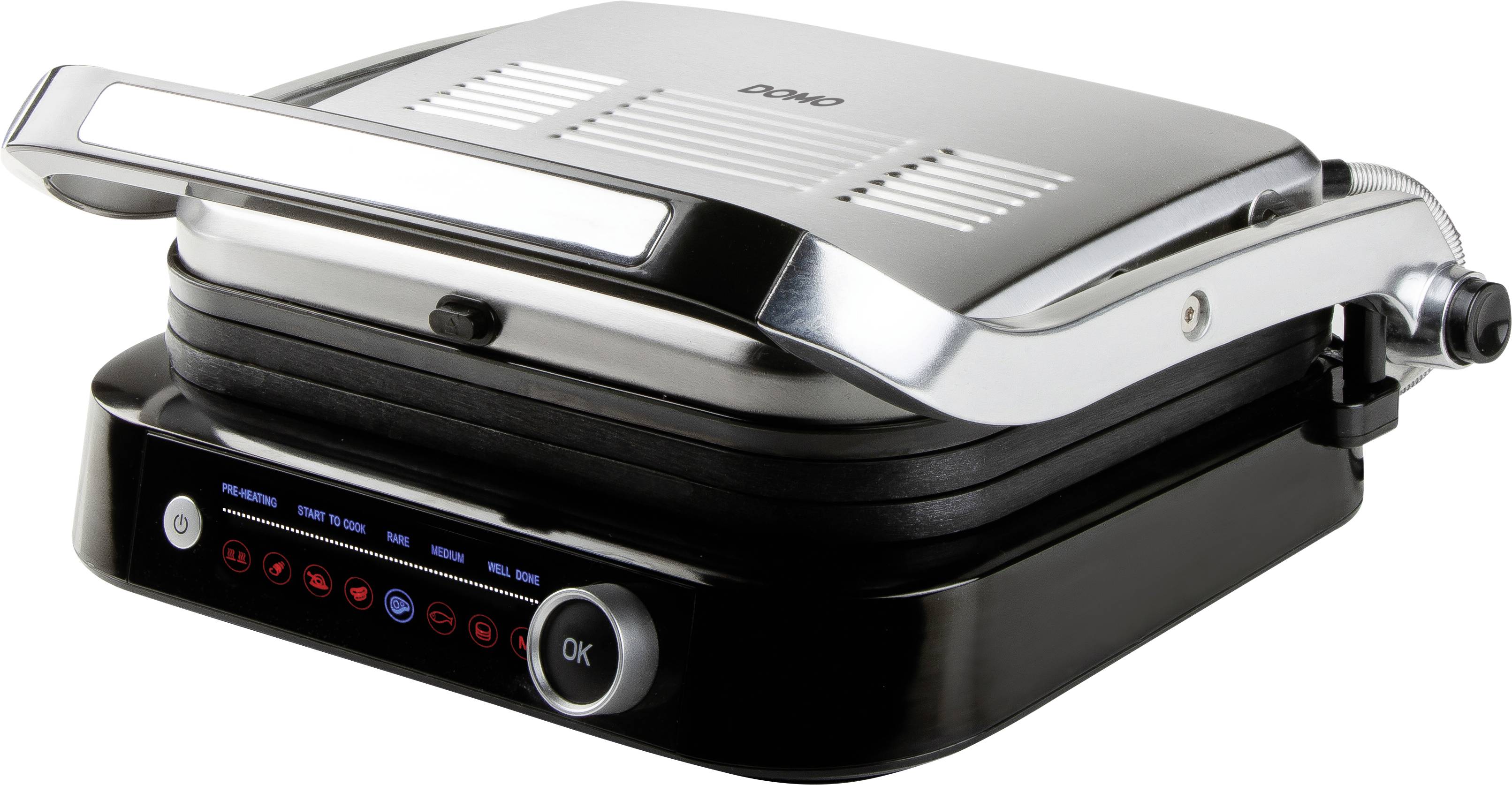An electric contact grill with a metal cover and digital control panel. Ideal for grilling sandwiches and meat.