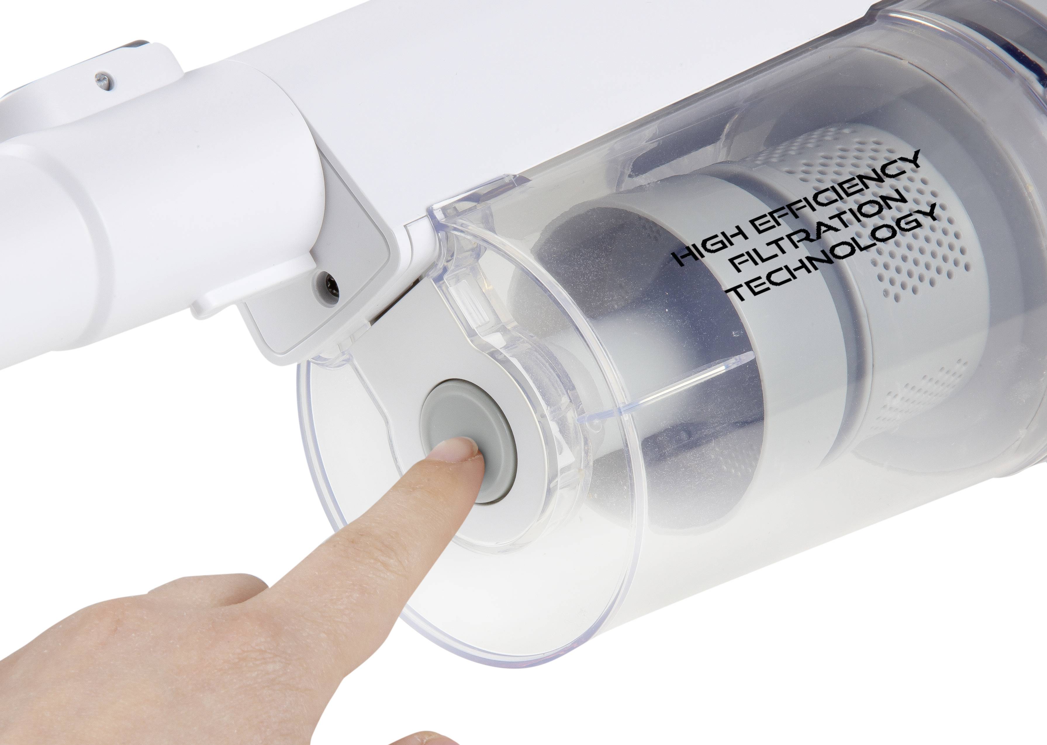 A hand points to the transparent dust container of a white vacuum cleaner with the inscription 'High Efficiency Filtration Technology'.