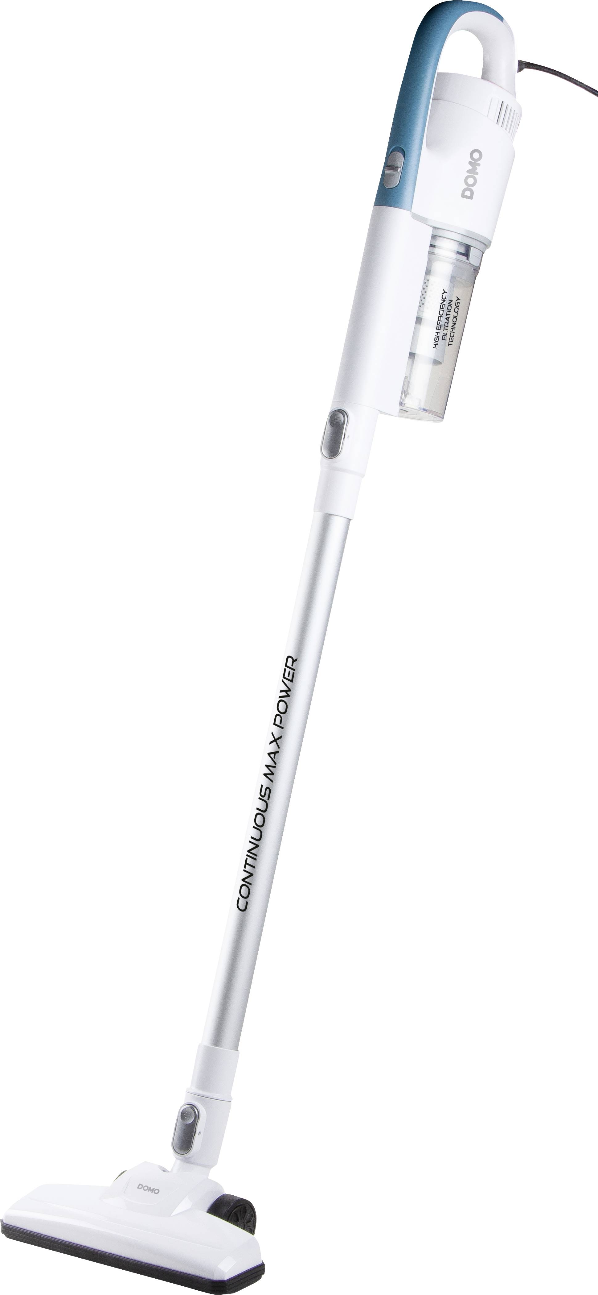 Corded upright vacuum cleaner in white and blue, lightweight design, suitable for hard floors and carpets.