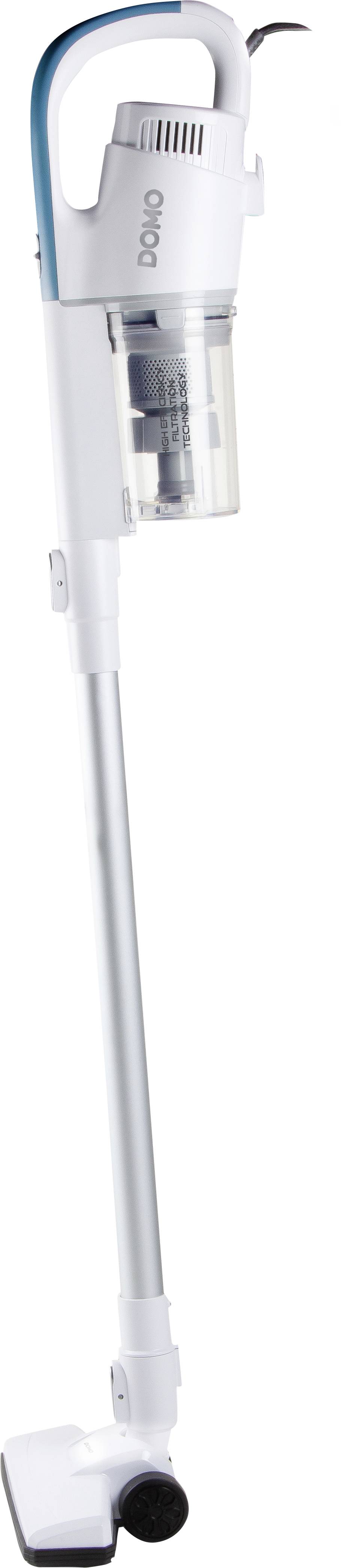 Cordless white vacuum cleaner with a transparent dust container; sleek design, suitable for flexible, mobile cleaning.